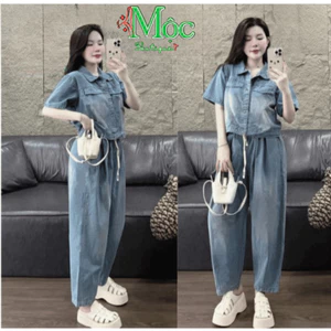 DX_ Set công sở, set bộ nữ, đồ Jean, set Quảng châu áo sơ mi cổ bẻ tay ngắn kèm quần suông