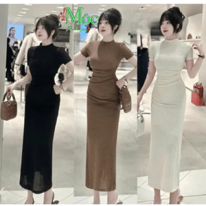 DX_ Đầm váy dài, đầm công sở, váy đi tiệc, đầm Len Ren cổ cao tay ngắn dáng dài có lót rời body