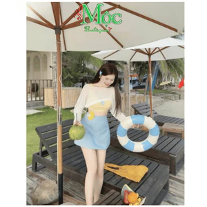 DX_ Set bộ 3 món, set đi biển áo bra phối chân váy sọc ngắn có lót + áo khoác Thun giấy