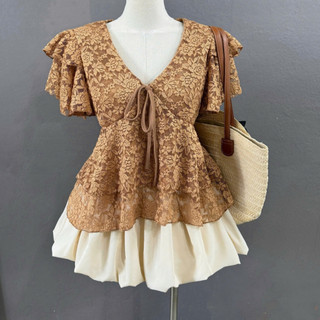 Set Bộ Bigsize Nữ Áo Ren Peplum Mix Chân Váy Bí Tiểu Thư Sang Chảnh Bộ Hè Chubby A353+CV413