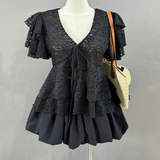 Set Bộ Bigsize Nữ Áo Ren Peplum Mix Chân Váy Bí Tiểu Thư Sang Chảnh Bộ Hè Chubby A353+CV413