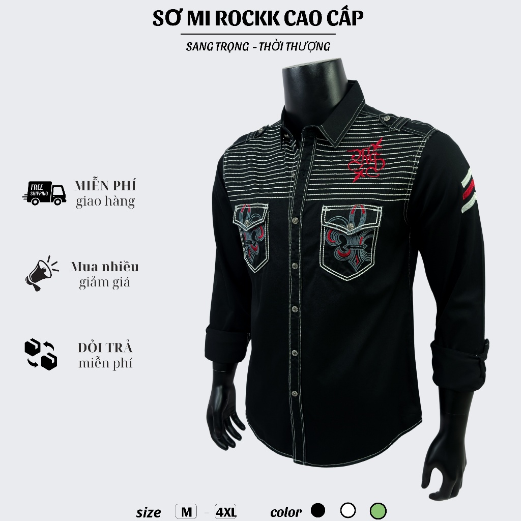 Sơ Mi Rock Classic Cao Cấp Thêu Họa Tiết Đại Bàng Chỉ Đỏ Vải Kaki Tôn Dáng, Cúc Kim Loại Đẳng Cấp 63