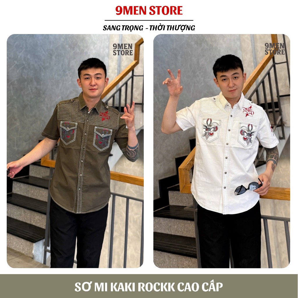 Sơ Mi Rock Classic Cao Cấp Thêu Họa Tiết Đại Bàng Chỉ Đỏ Vải Kaki Tôn Dáng, Cúc Kim Loại Đẳng Cấp 63