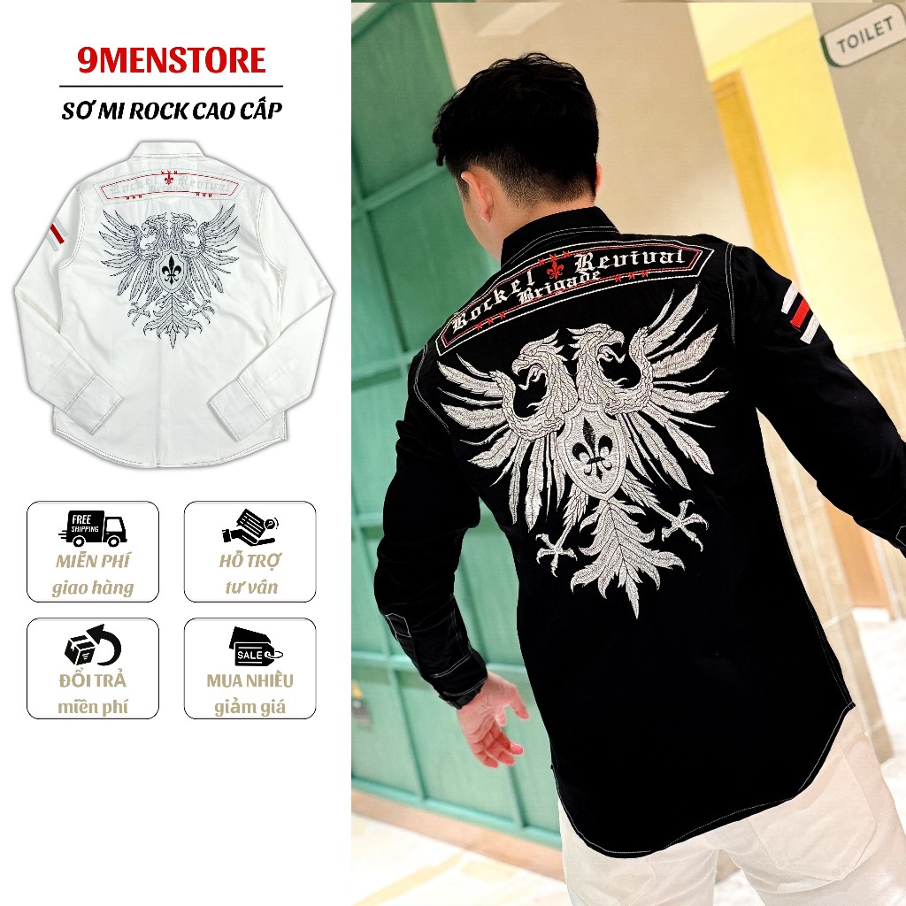 Sơ Mi Rock Classic Cao Cấp Thêu Họa Tiết Đại Bàng Chỉ Đỏ Vải Kaki Tôn Dáng, Cúc Kim Loại Đẳng Cấp 63