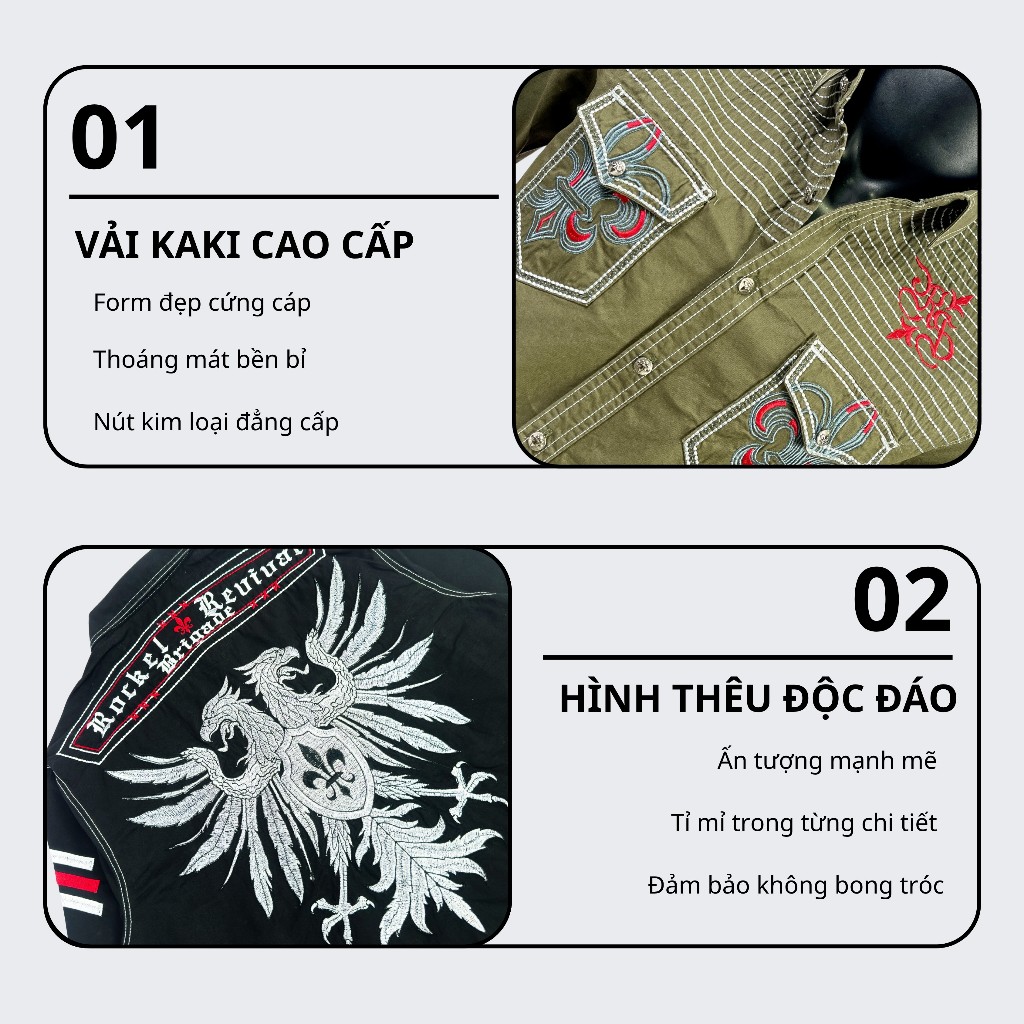 Sơ Mi Rock Classic Cao Cấp Thêu Họa Tiết Đại Bàng Chỉ Đỏ Vải Kaki Tôn Dáng, Cúc Kim Loại Đẳng Cấp 63