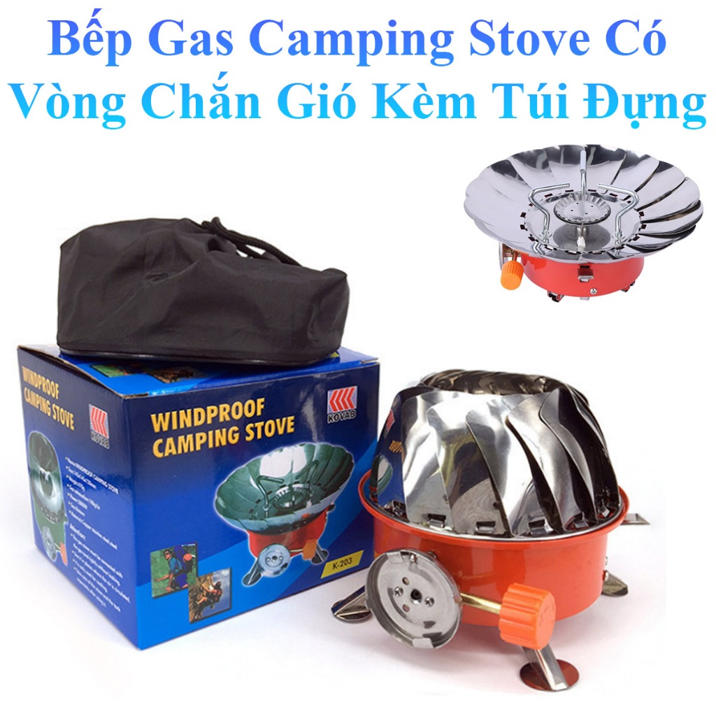 Bếp Gas Du Lịch Camping Stove Có Vòng Chắn Gió Tiện Lợi Kèm Túi Đựng Nhỏ Gọn