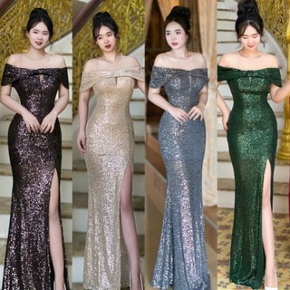 Đầm Dạ hội kim sa bẹt vai phối lưới tko