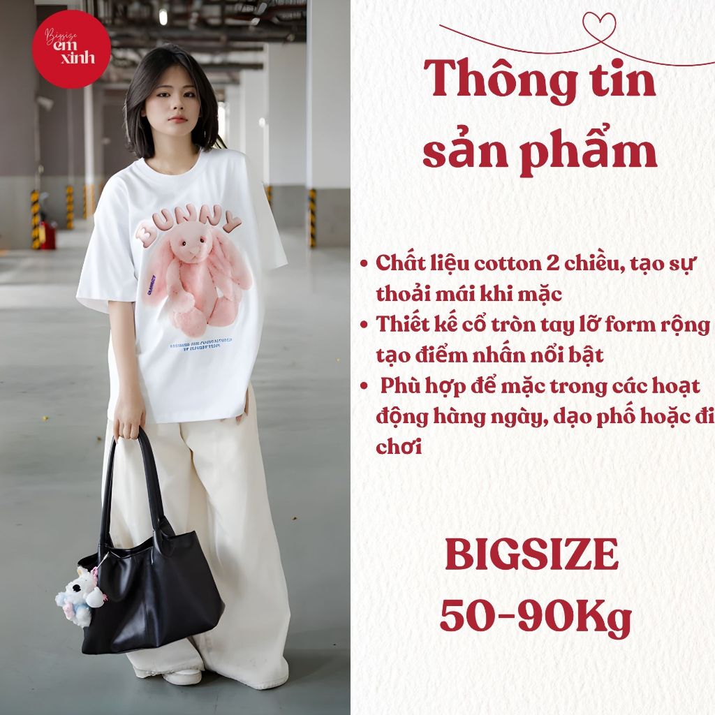 Áo Thun Nữ Form Rộng Tay Lỡ In Thỏ Bunny Bigsize 50–90kg – Áo Phông Mát, Co Giãn BS065 | Em Xinh