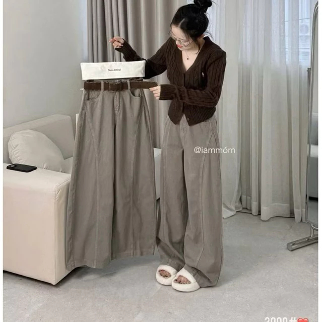 [Peinn] Quần Kaki Nữ Ống Rộng Dáng Bom Thụng, Không Đai, Dài 94-96cm, Lưng Thun Sau có túi 2 bên trẻ trung M55.