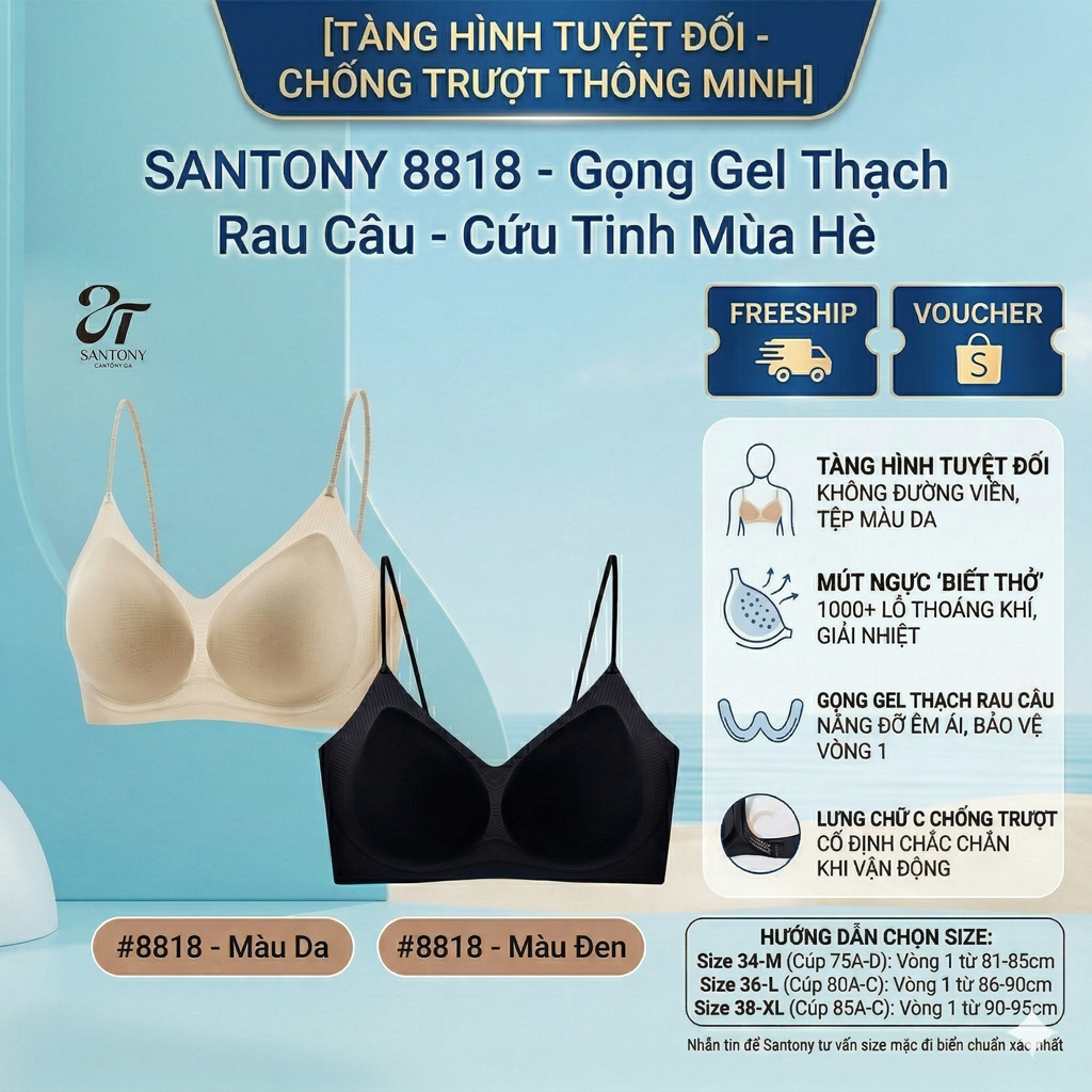 Áo Ngực Đi Biển Tàng Hình Santony 8818 - Gọng Gel Thạch Mát Lạnh, Siêu Thoáng Khí