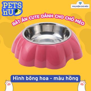 Bát ăn cho chó mèo hình cá, bông hoa chất liệu nhựa cao cấp - lõi chén Inox tiện dụng.