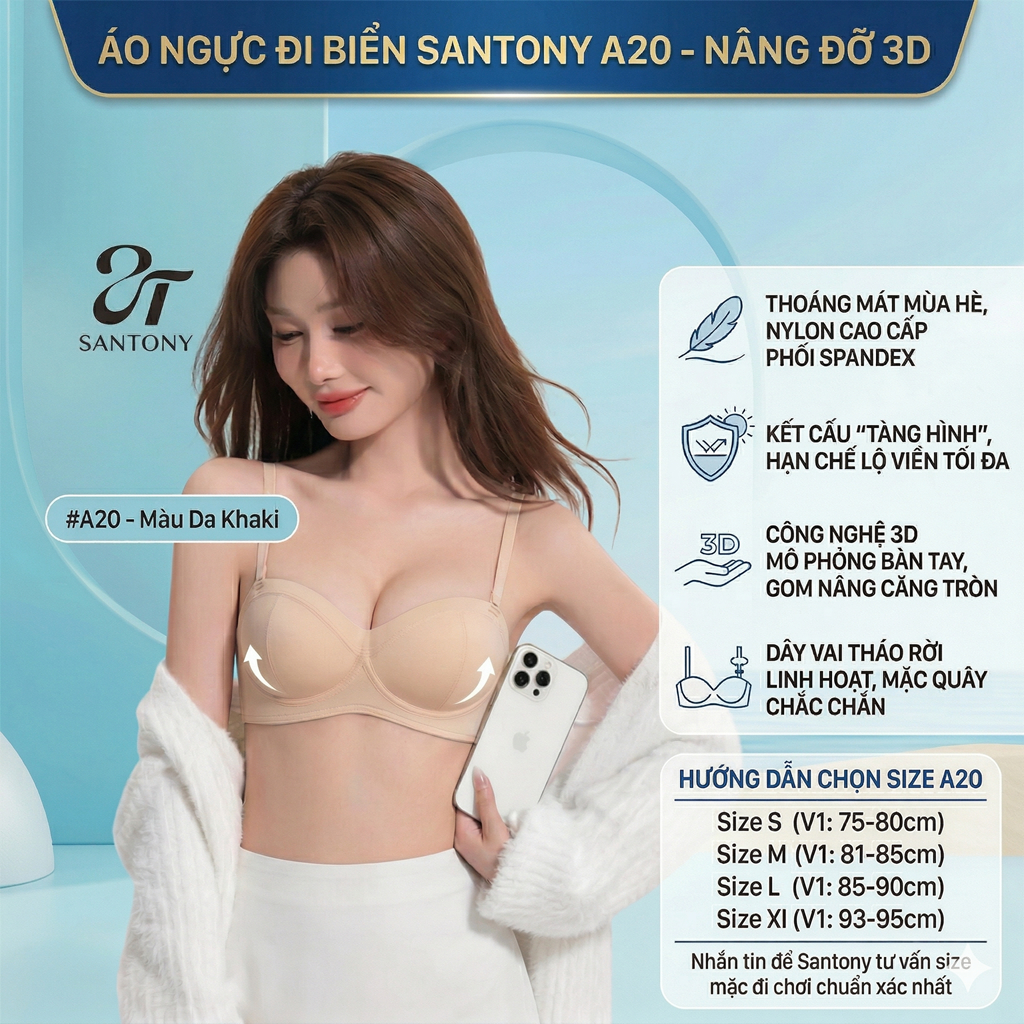 [Form Nhỏ Tăng 1 Size] Áo Ngực Đi Biển Santony A20 - Nâng Đỡ 3D, Tháo Dây Đa Năng