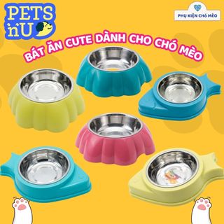 Bát ăn cho chó mèo hình cá, bông hoa chất liệu nhựa cao cấp - lõi chén Inox tiện dụng.