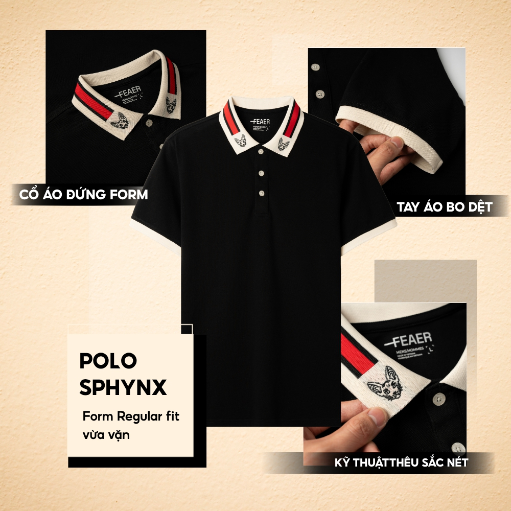 Áo polo SPHYNX cổ phối kem sọc đỏ nổi bật, thêu mèo tinh xảo, chất vải Cotton Micro thoáng mát, form đứng chuẩN - FEAER