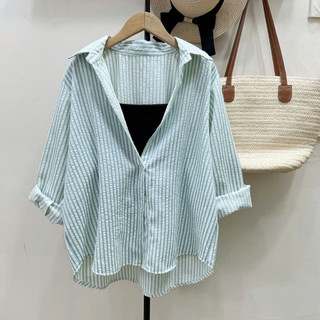 Set Áo Sơ Mi Bigsize Nữ Phối Áo Dây Năng Động Vải Linen Kẻ Sọc Mặc Mát A196+G118
