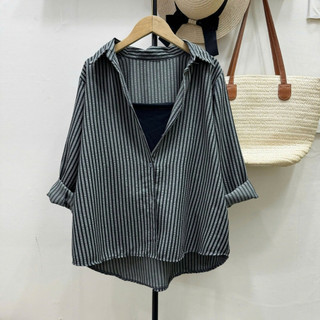 Set Áo Sơ Mi Bigsize Nữ Phối Áo Dây Năng Động Vải Linen Kẻ Sọc Mặc Mát A196+G118