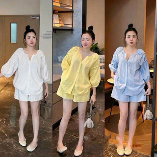 LT - Set đũi quần short đùi, áo thô sơ mi cổ tròn free size 1664