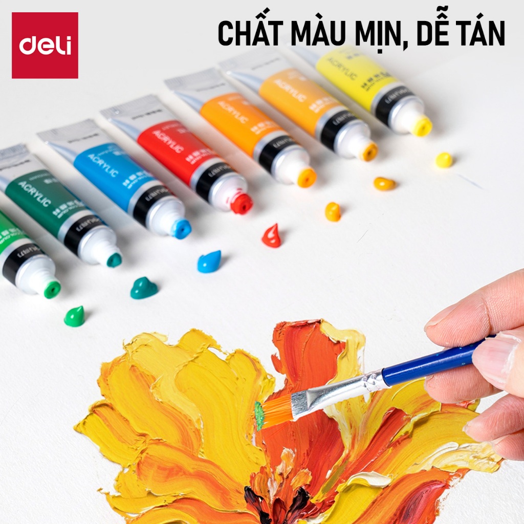 [Tặng Cọ] Màu Nước Acrylic Dạng Tuýp 5ml/12ml Deli - Chống Nước - Màu Vẽ Tươi Đặc Nhanh Khô Chuyên Nghiệp