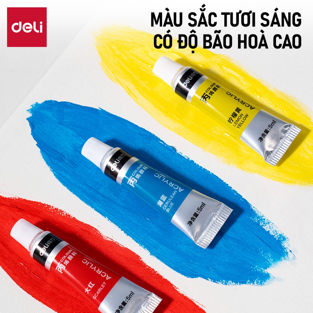 [Tặng Cọ] Màu Nước Acrylic Dạng Tuýp 5ml/12ml Deli - Chống Nước - Màu Vẽ Tươi Đặc Nhanh Khô Chuyên Nghiệp
