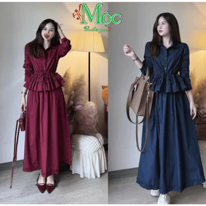 QC_Set công sở, set đồ thanh lịch áo cách điệu nhún eo xinh sơ mi cổ bẻ tay dài Chất Cotton lạnh