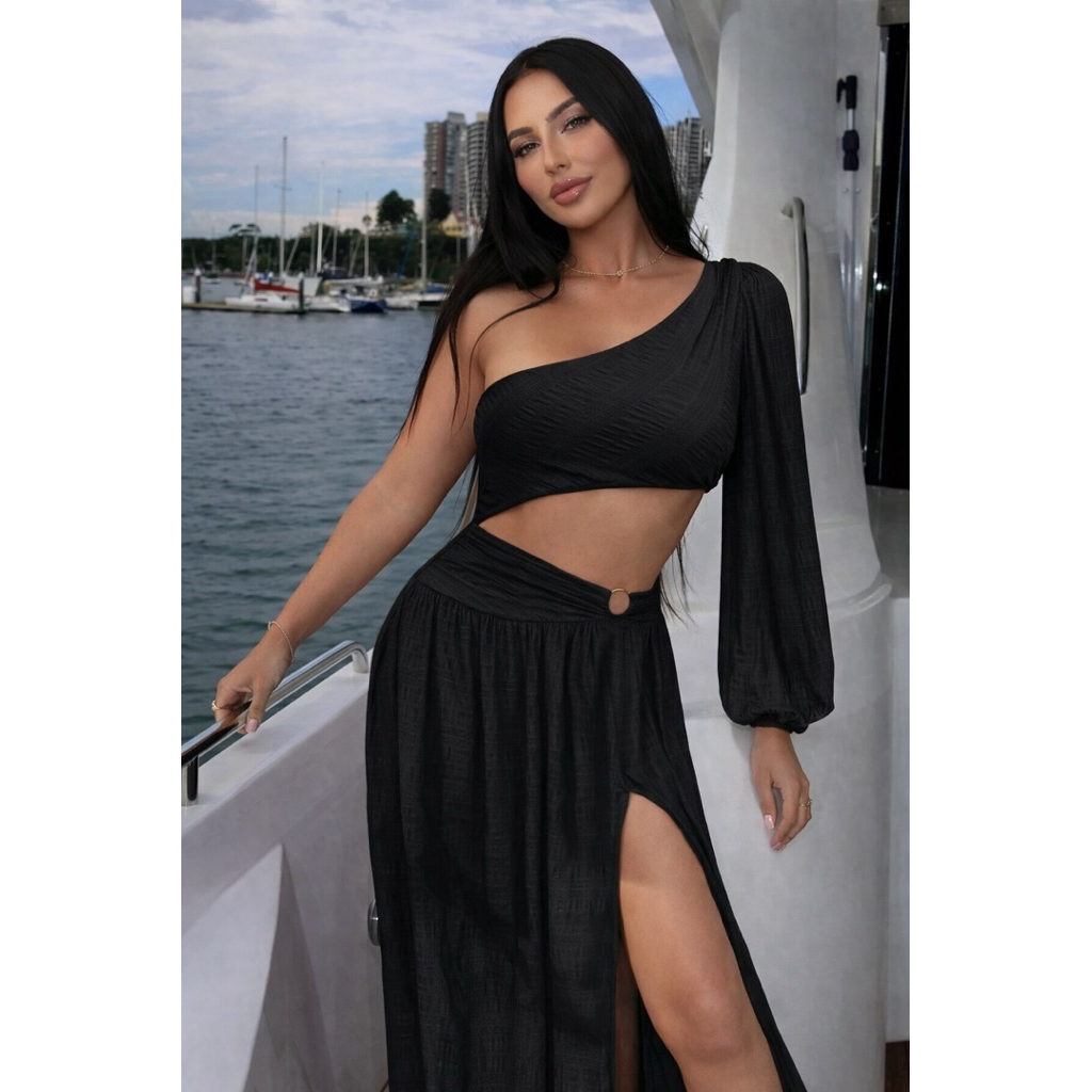 Shein | Maxi đen lệch vai cut-out quyến rũ sang chảnh chuẩn resort ✨