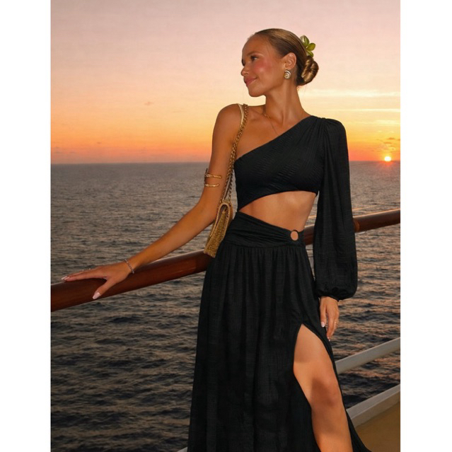 Shein | Maxi đen lệch vai cut-out quyến rũ sang chảnh chuẩn resort ✨