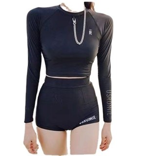 Bộ bơi nữ thể thao croptop tay dài quần cạp cao phong cách Hàn Quốc co giãn 4 chiều đi biển