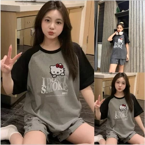 Sét Bộ Áo Thun Xám Phối Tay Đen In Mèo Kitty I Don't Smoke + Kèm Quần Đùi In Kín Cá Tính Đáng Yêu