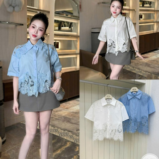 Áo sơ mi thô cộc tay đáp ren gấu & vai cổ đức #82165