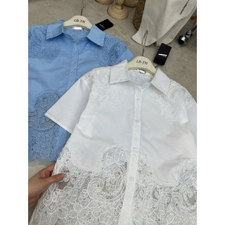 Áo sơ mi thô cộc tay đáp ren gấu & vai cổ đức #82165