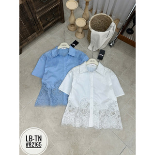 Áo sơ mi thô cộc tay đáp ren gấu & vai cổ đức #82165