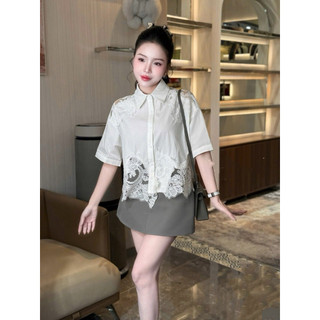 Áo sơ mi thô cộc tay đáp ren gấu & vai cổ đức #82165