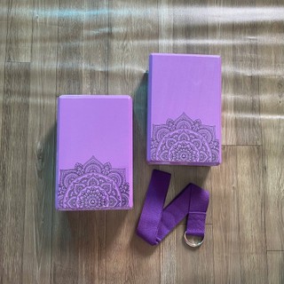 Combo 2 gạch tím in hoa văn 220g, 1 dây cotton họa tiết 1,83m hỗ trợ tập Yoga