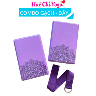 Combo 2 gạch tím in hoa văn 220g, 1 dây cotton họa tiết 1,83m hỗ trợ tập Yoga