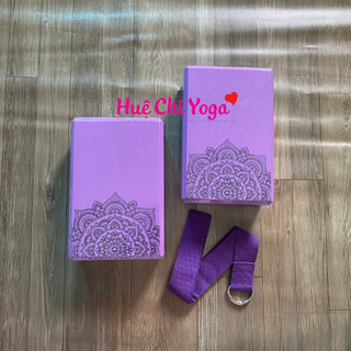 Combo 2 gạch tím in hoa văn 220g, 1 dây cotton họa tiết 1,83m hỗ trợ tập Yoga