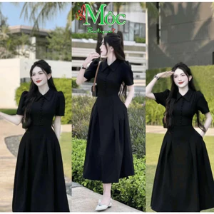 QC_Đầm thiết kế tiểu thư, váy công sở, đầm xòe dáng dài Cotton Lạnh cổ lá đính ngọc sang