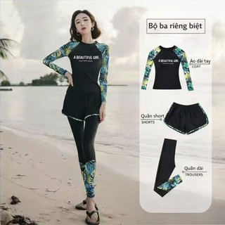Đồ bơi nữ chống nắng 3 món áo dài tay quần dài quần short kín đáo co giãn nhanh khô đi biển