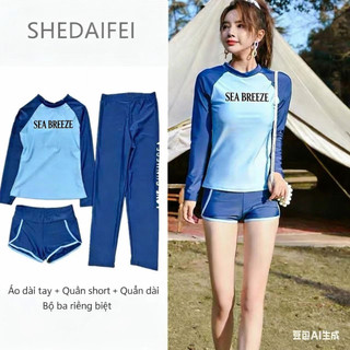 Đồ bơi nữ chống nắng 3 món áo dài tay quần dài quần short kín đáo co giãn nhanh khô đi biển