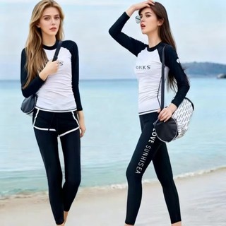 Đồ bơi nữ chống nắng 3 món áo dài tay quần dài quần short kín đáo co giãn nhanh khô đi biển