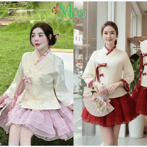 Set váy ngắn, set chất Quảng Châu áo thêu cổ đắp Hanbok phối cột nơ thắt nút tàu kèm váy ngắn Tơ xoè