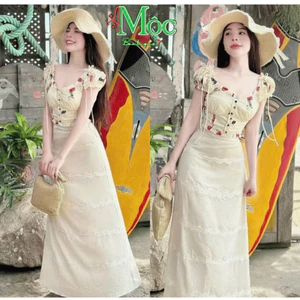 Set đi biển, đồ mặc hè, set áo Lụa hoa có mút phối chân váy Lụa dài có lót ( QC)