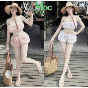 DX_ Set đi biển,mặc hè du lịch bộ chất Thô sóng ao bra kèm quần có mút lót quyến rũ tôn dáng