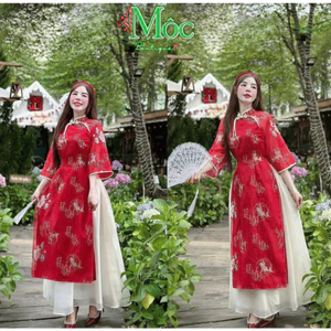 Set áo dài, set thiết kế Tơ in phủ nền đi chơi Tết hai lớp kèm quần thiết kế sang trọng thanh lịch