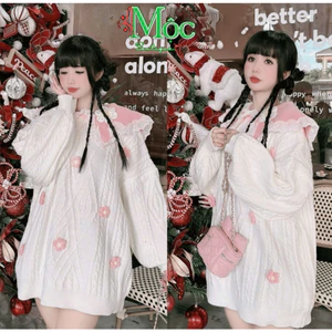 N_ Áo Len mùa đông, áo Len ulzzang cổ bèo phối Ren đính hoa dáng dài rộng dễ thương