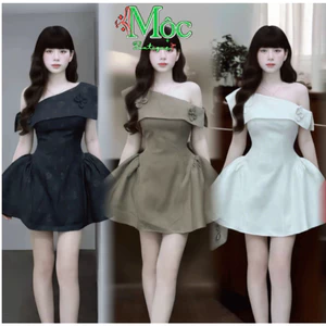 DXQC_ Đầm váy ngắn, đầm nữ lệch vai ngắn xoè thanh lịch Xược Hàn dập bông có đệm Lưới kèm quần