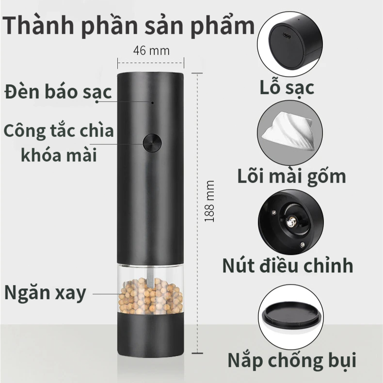 Máy Xay Tiêu Tự Động Một Nút | Ngăn Trong Suốt Dung Lượng Lớn | Dễ Vệ Sinh |Dùng Cho Nhà Bếp & Nướng BBQ