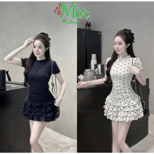 Đầm váy ngắn, đầm dự tiệc thiết kế thời trang Quảng Châu tay ngắn in tim ngắn tầng bèo kèm quần