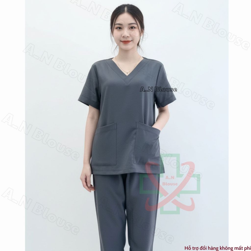 Bộ Scrubs Cotton Hàn - XÁM - đồng phục kỹ thuật viên phục vụ bệnh viện, phòng khám, spa, thẩm mỹ viện