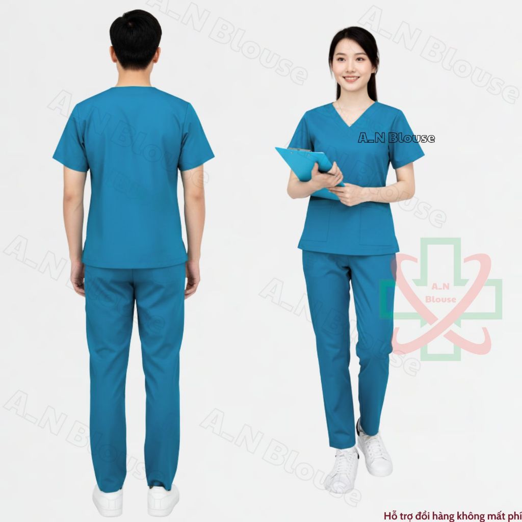 Bộ Scrubs Cotton Hàn - XANH CỔ VỊT - đồng phục kỹ thuật viên phục vụ bệnh viện, phòng khám, spa, thẩm mỹ viện
