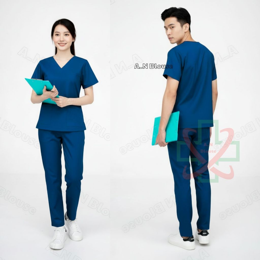 Bộ Scrubs Cotton Hàn - XANH COBAN - đồng phục kỹ thuật viên phục vụ bệnh viện, phòng khám, spa, thẩm mỹ viện